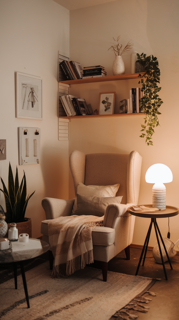 Cozy corner featuring a soft armchair, warm lighting, and decorative shelves.