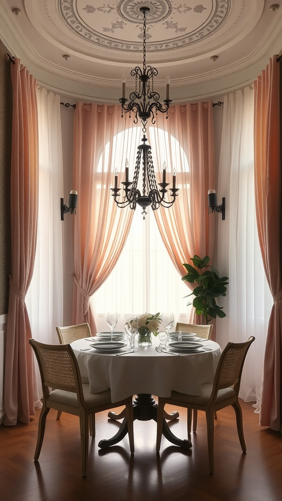 A cozy dining area with soft pastel curtains, a chandelier, and a beautifully set table.