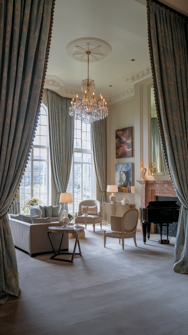 A stylish living room featuring sophisticated curtains and elegant decor.