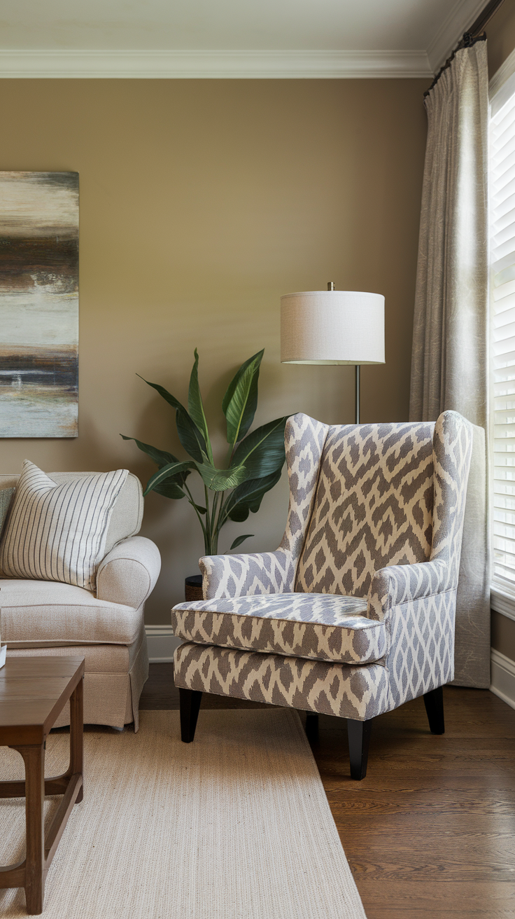 A stylish accent chair with a unique pattern in a cozy living room setting.