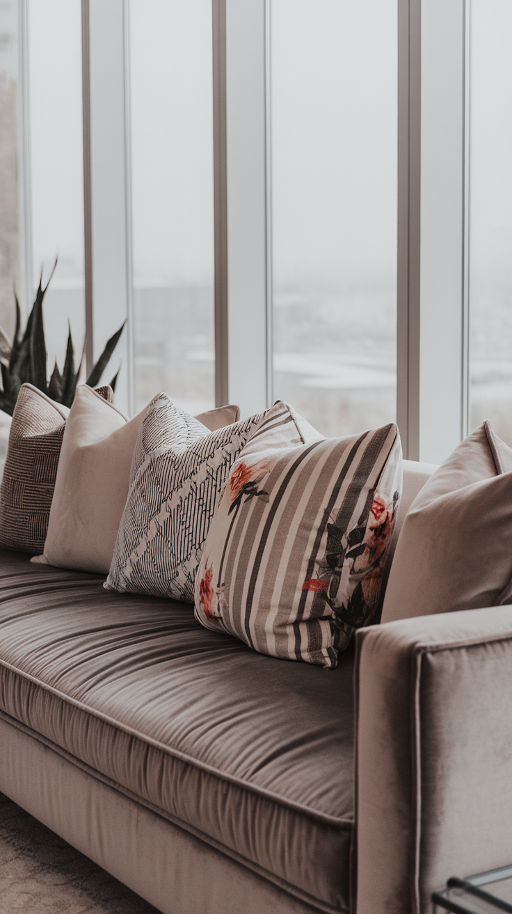 A stylish sofa adorned with various decorative pillows.