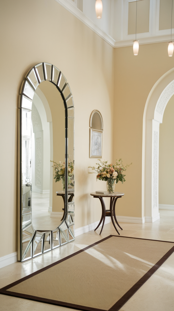 A stylish mirror reflecting light in a well-decorated entryway