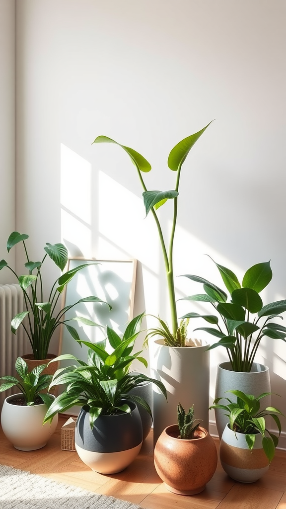 A stylish arrangement of various houseplants in modern pots, showcasing different sizes and textures in a well-lit room.