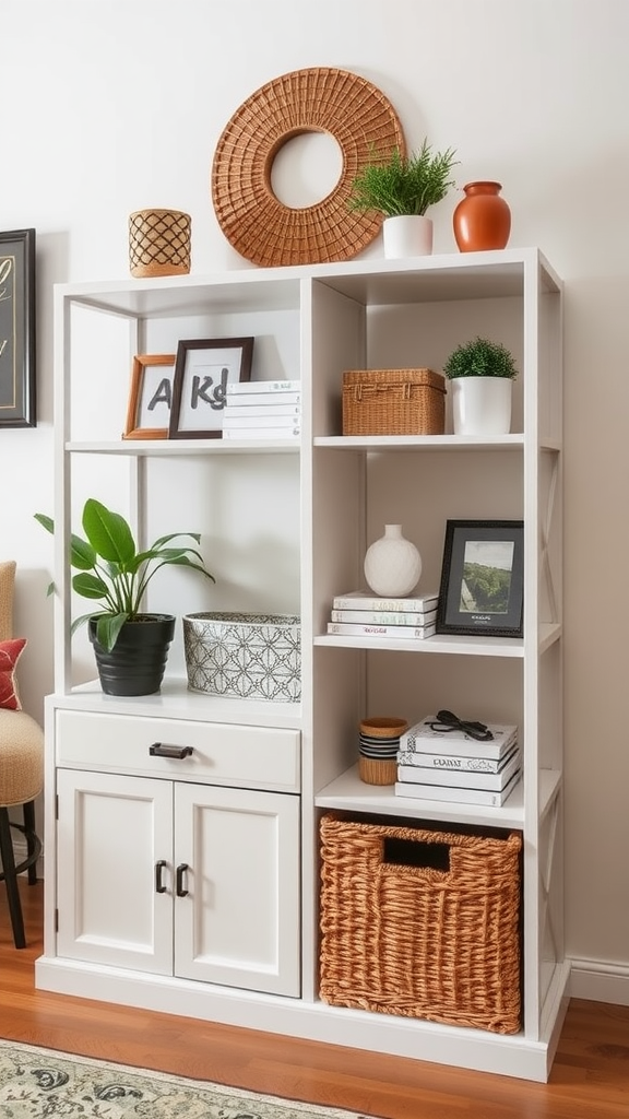 A stylish white shelving unit with decorative items and plants arranged on it.