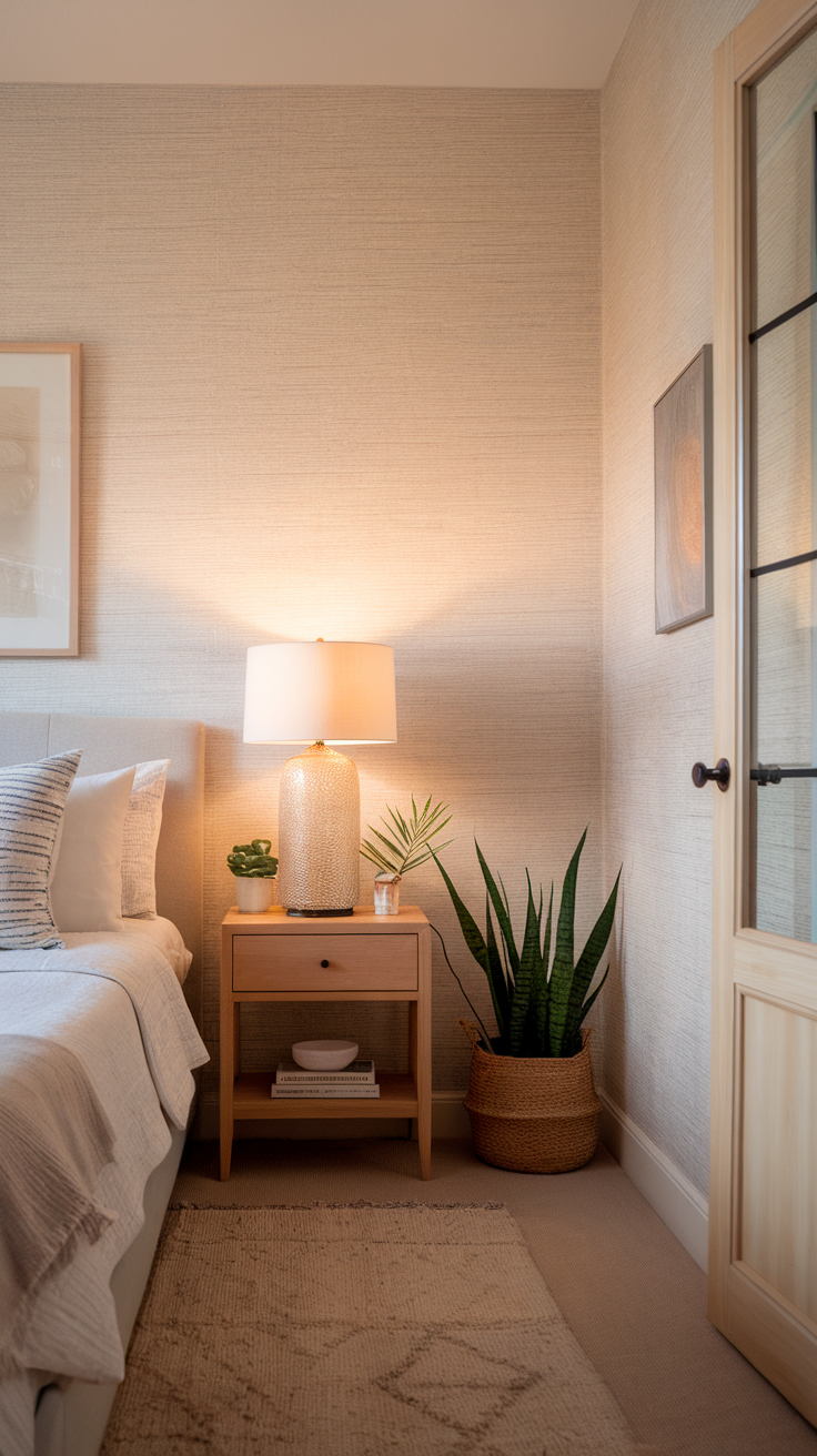 A cozy bedroom corner with soft textures, a bedside lamp, and plants.