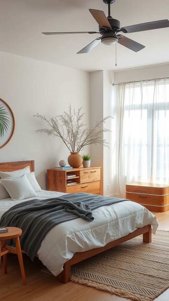 A cozy bedroom featuring natural wood furniture and decor.