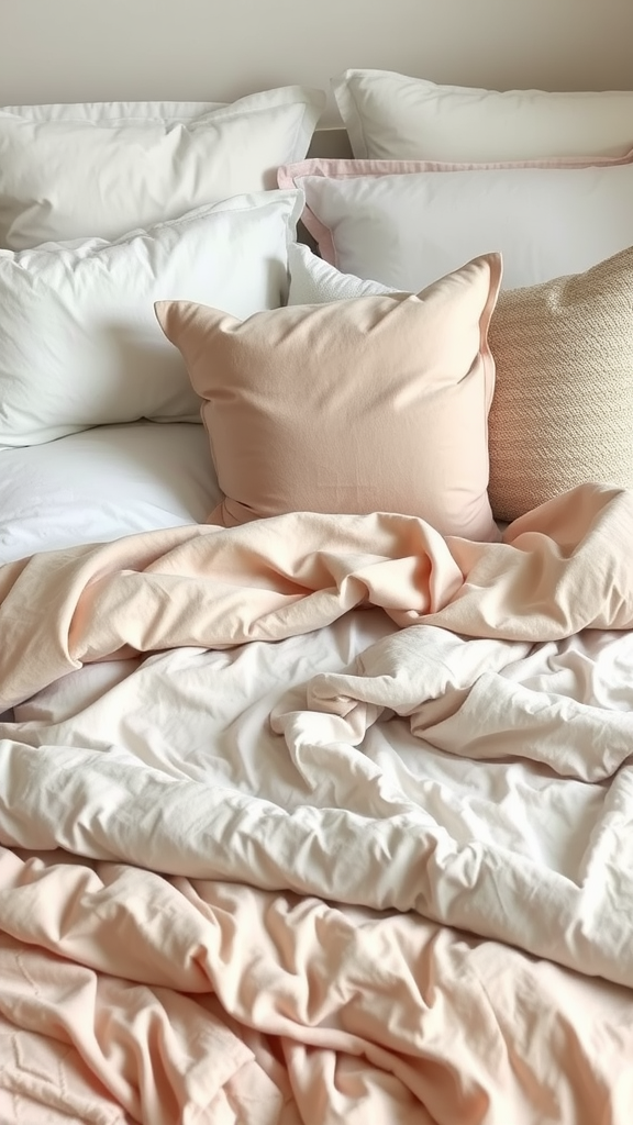 An assortment of textured bedding layers featuring pillows and cozy blankets.