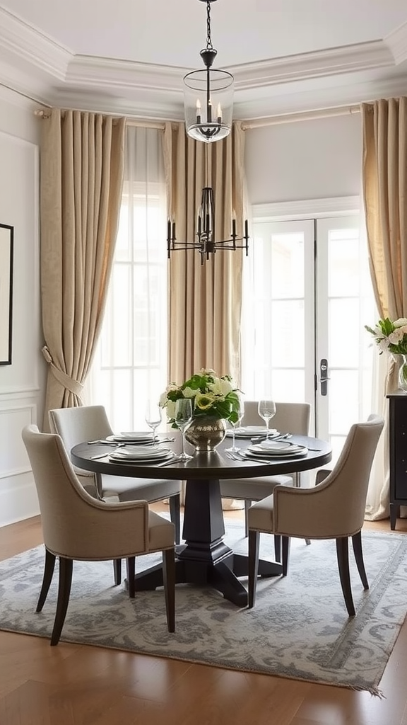 A beautifully set dining table with a round black table, light beige chairs, and a floral centerpiece.