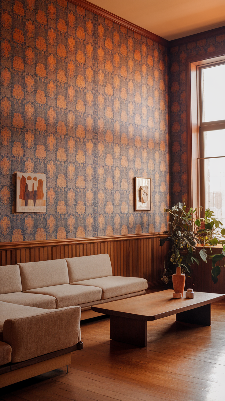 Living room with textured wallpaper and minimalist furniture.