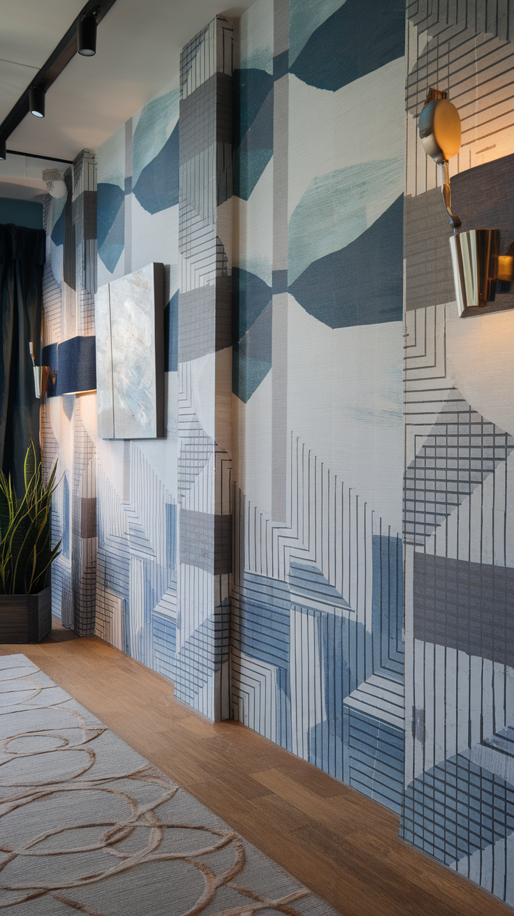 A stylish interior featuring textured wallpaper with blue and gray geometric patterns