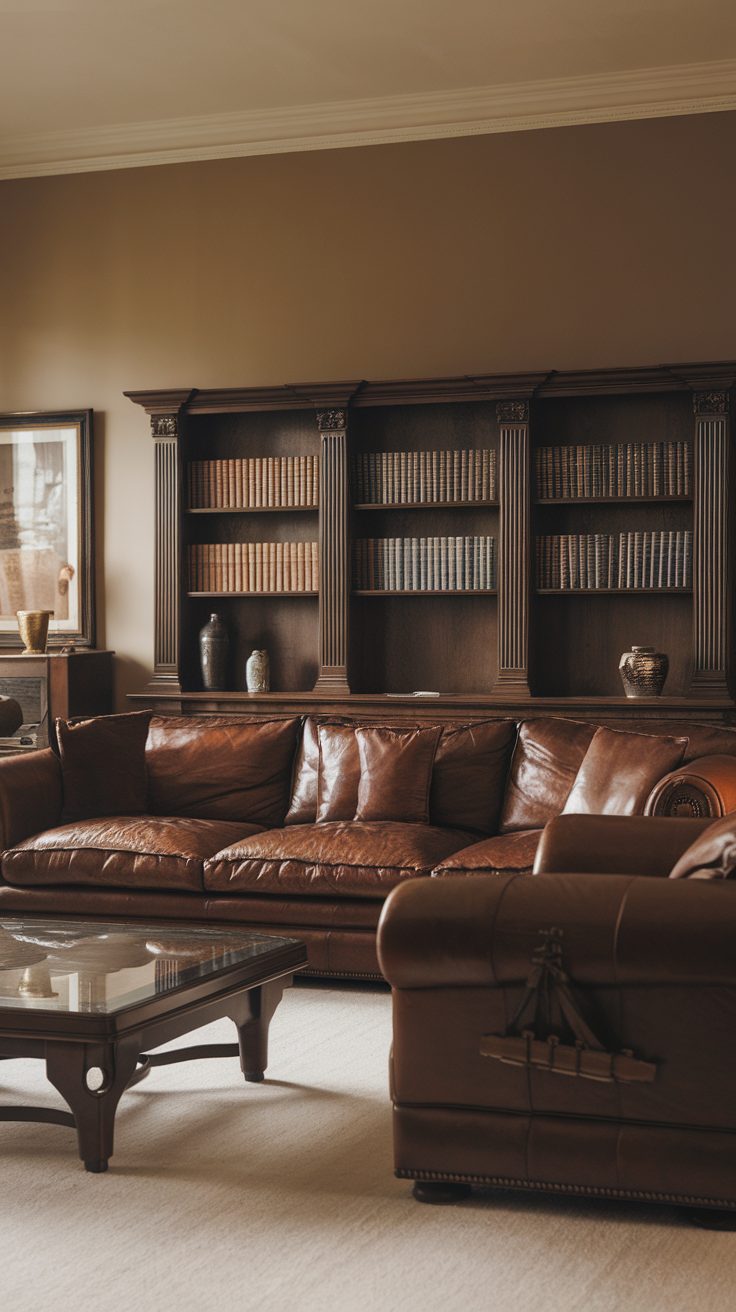 A cozy living room featuring a leather sofa and a wooden bookshelf.