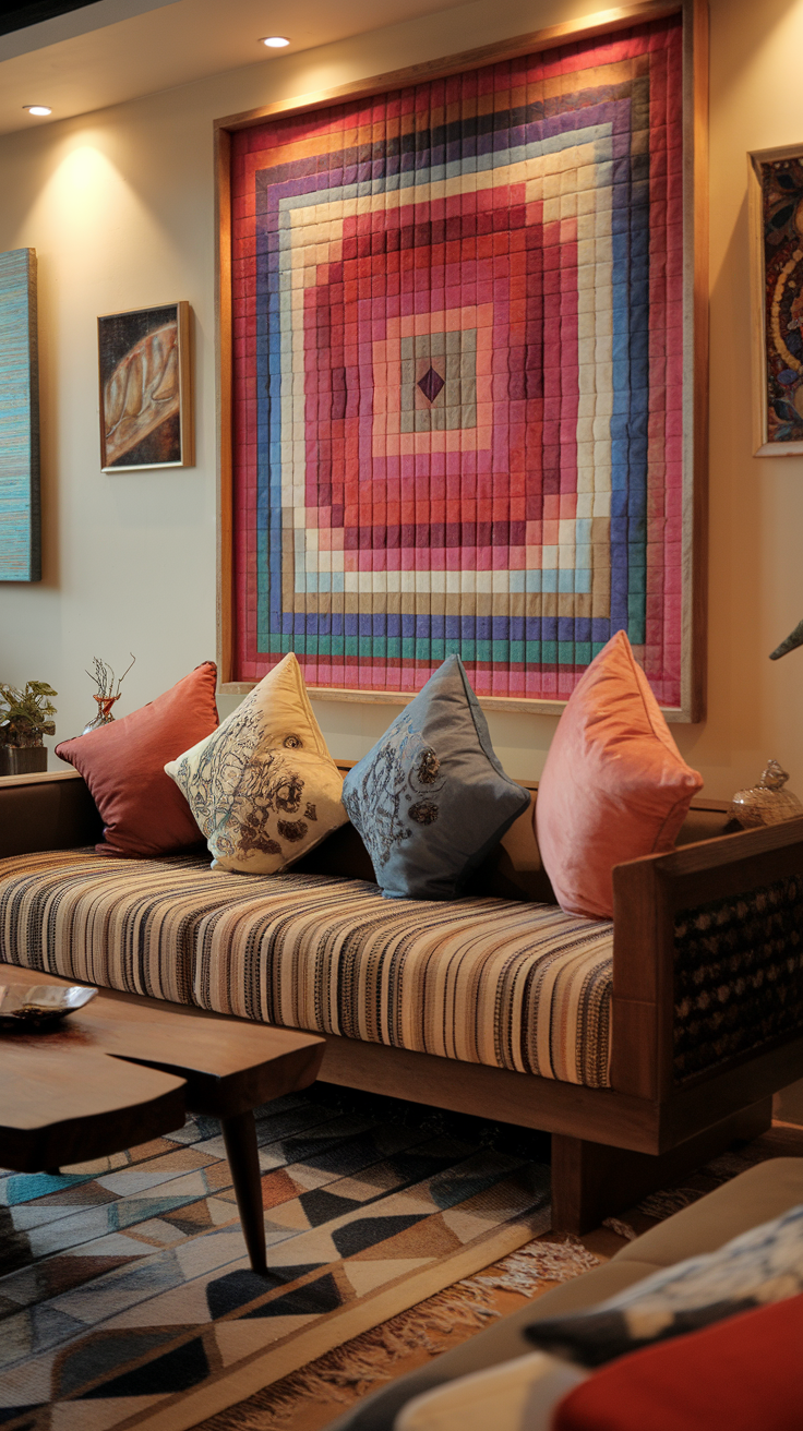 Cozy living room with colorful wall art and decorative pillows.