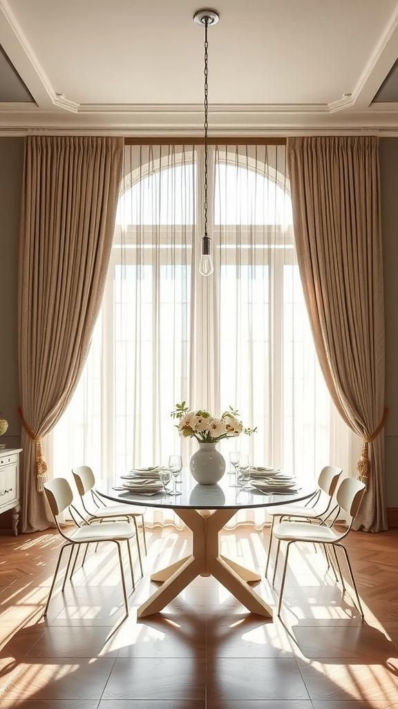 A dining room with translucent drapes allowing soft light in.