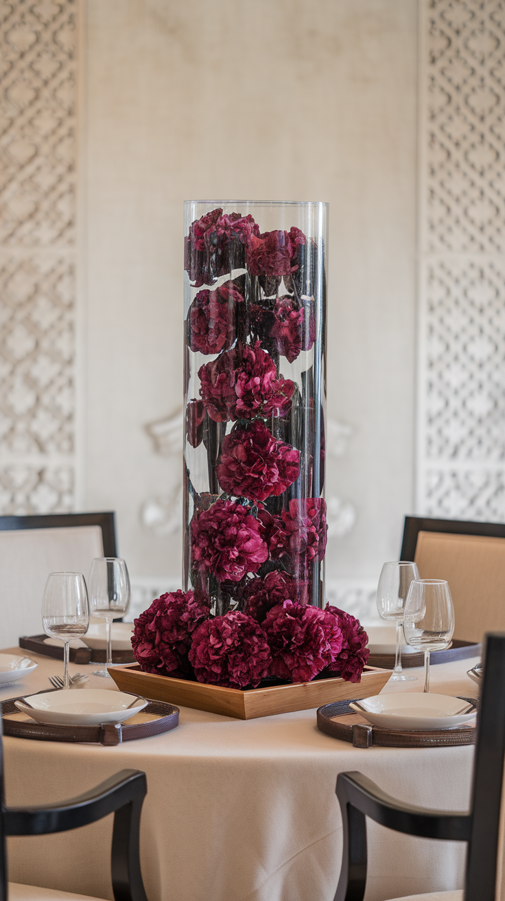 A beautiful floral centerpiece in a glass vase on a dining table, surrounded by elegant tableware.