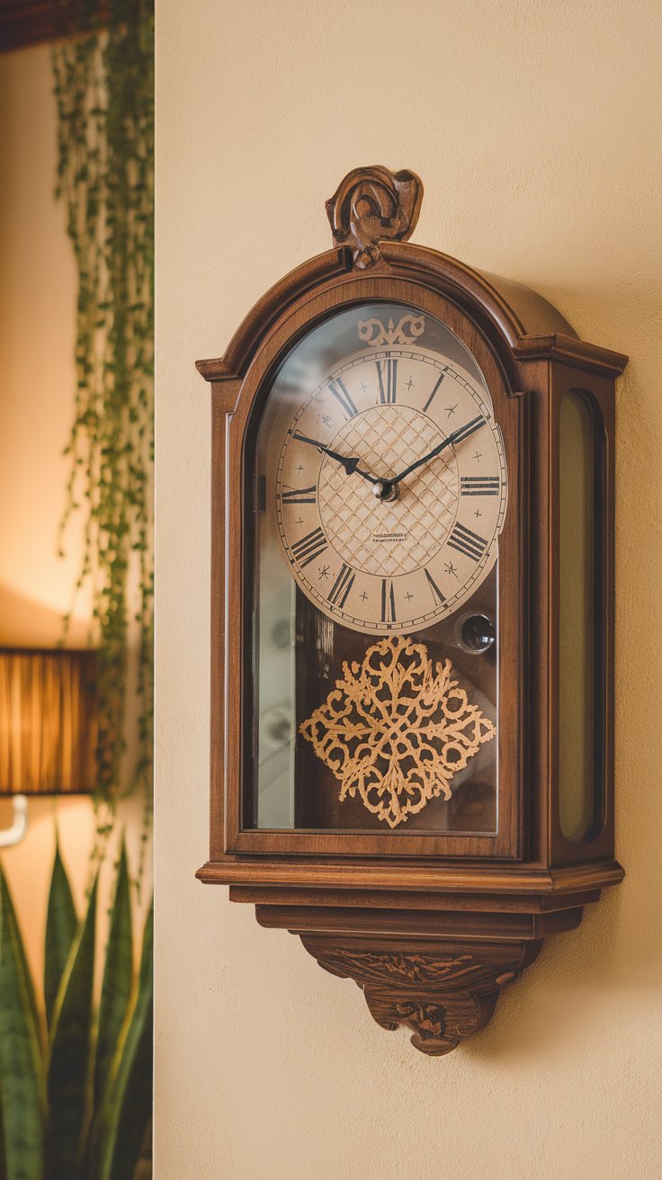 A vintage-style wall clock with intricate woodwork and decorative elements.