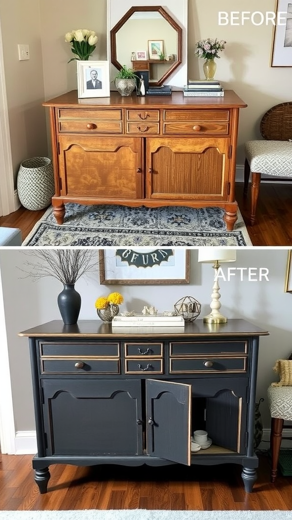 Before and after images of a furniture piece, showing a transformation from a light brown color to a dark finish.