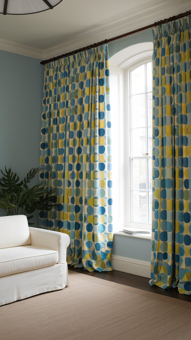 Brightly patterned curtains in a cozy living room setting.