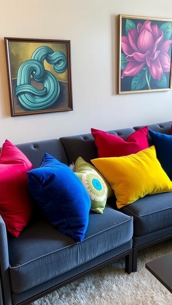 Colorful throw pillows on a couch