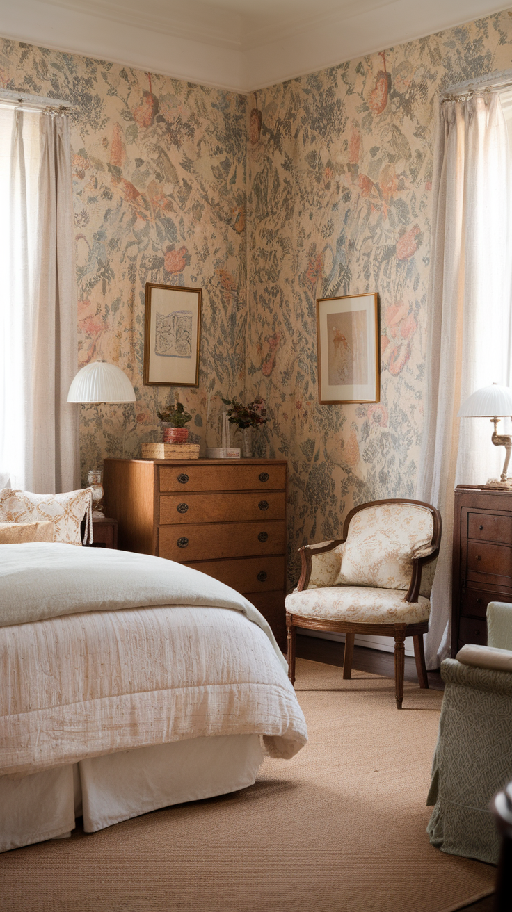 A cozy bedroom with vintage floral wallpaper, a light-colored bedspread, and wooden furniture.