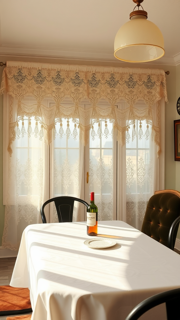 A cozy dining area with vintage lace curtains, a small table set for tea, and a vase of flowers on the window sill.