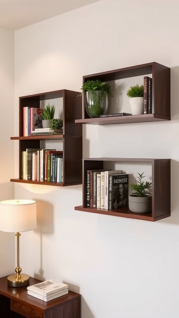 Wall-mounted shelves displaying books, photos, and decorative plants.