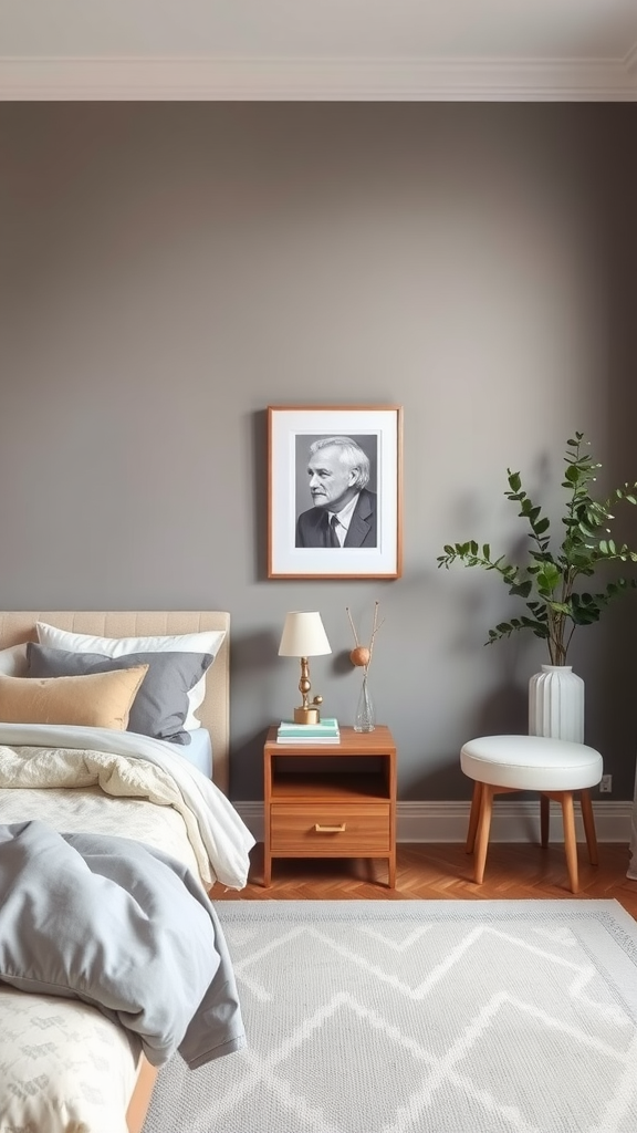 A cozy bedroom with gray walls, a framed picture, and soft bedding.