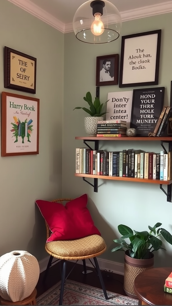 A cozy reading nook featuring bookshelves, framed art, decorative pillows, and plants, creating an inviting atmosphere.