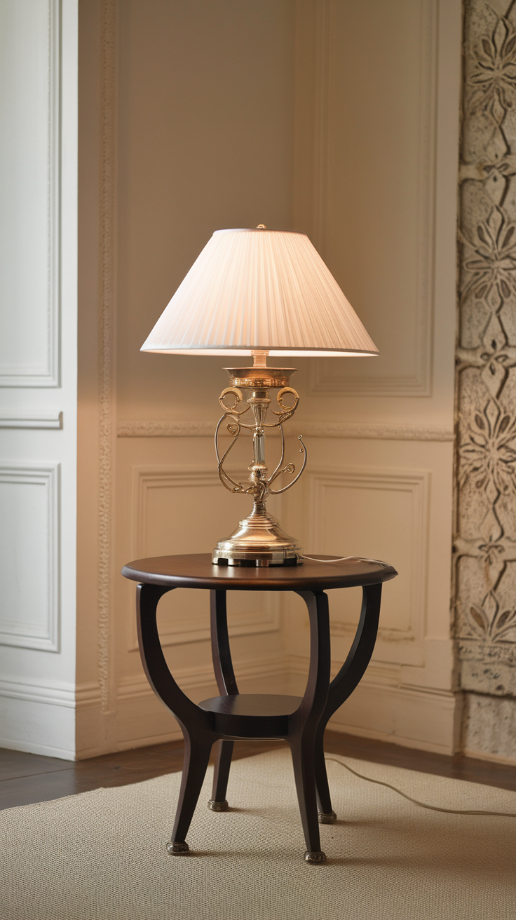 A stylish table lamp on a wooden table in a well-decorated room.