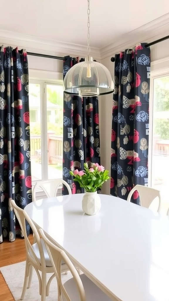 Brightly patterned curtains in a dining room with a white table and flowers.