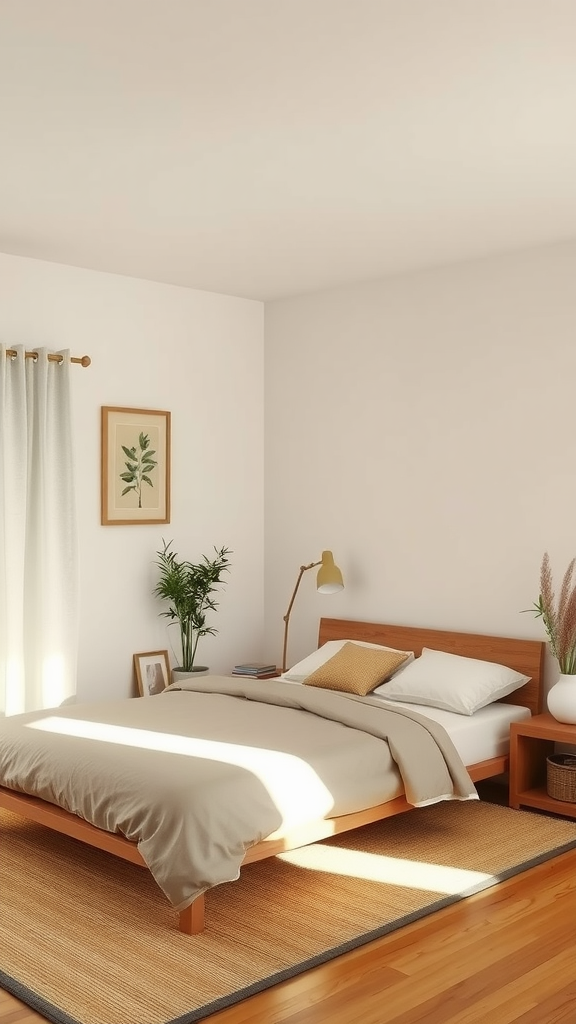 A serene bedroom with a light wood bed, soft bedding, and plants, creating a calming atmosphere.