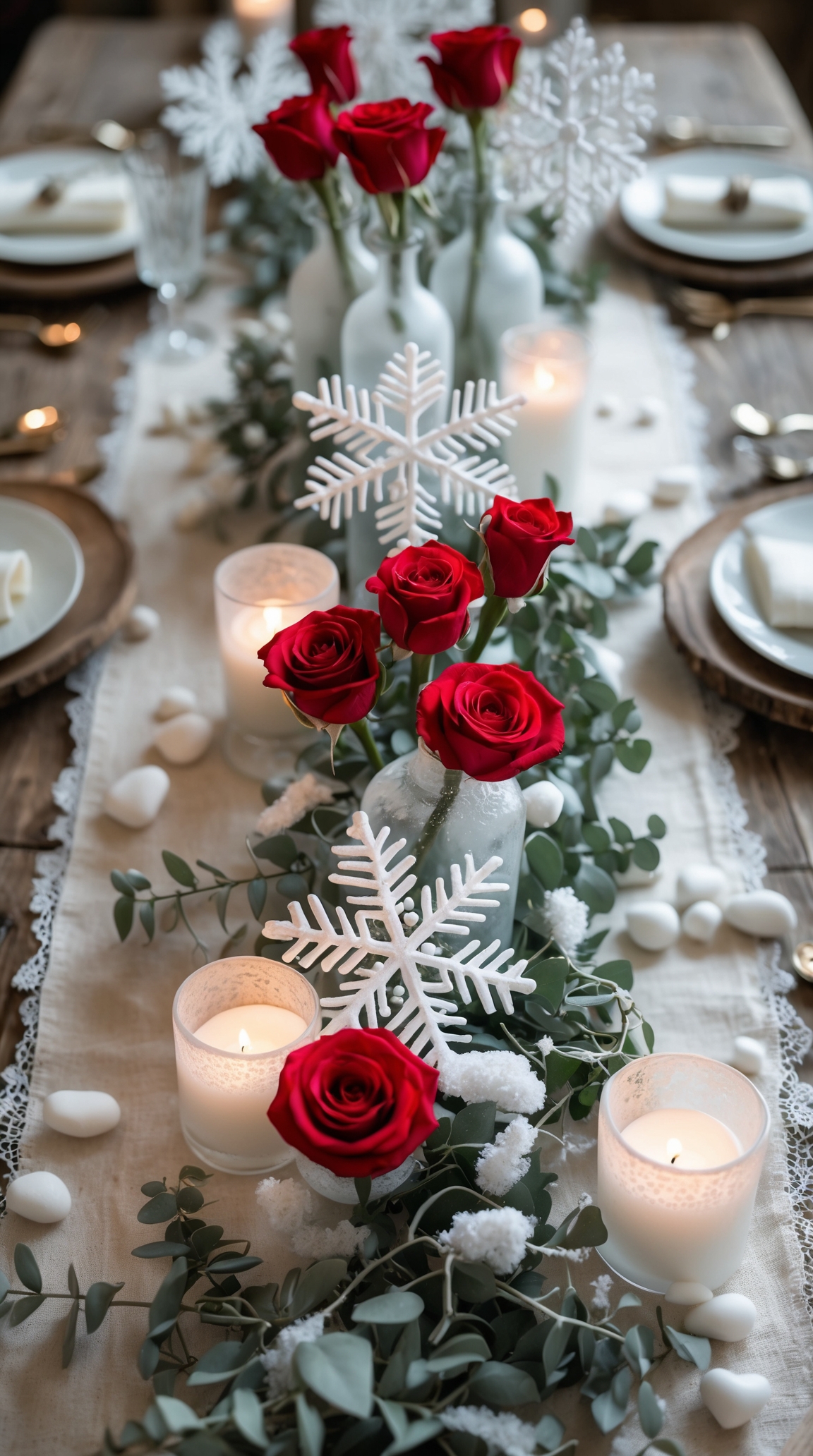 Snowy Centerpieces with Red Accents