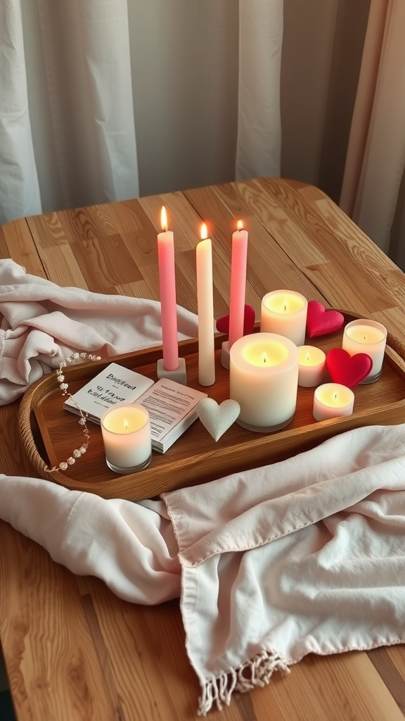 A cozy arrangement of candles on a wooden tray with heart shapes and a soft blanket.