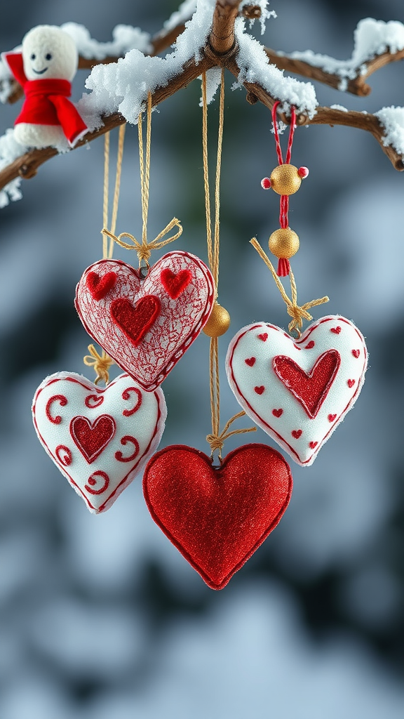 Heart ornaments hanging from a snowy branch.