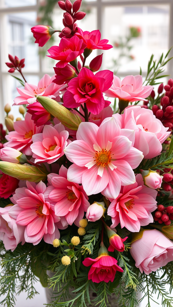 A vibrant floral arrangement featuring pink and red flowers with leafy greens against a bright background.