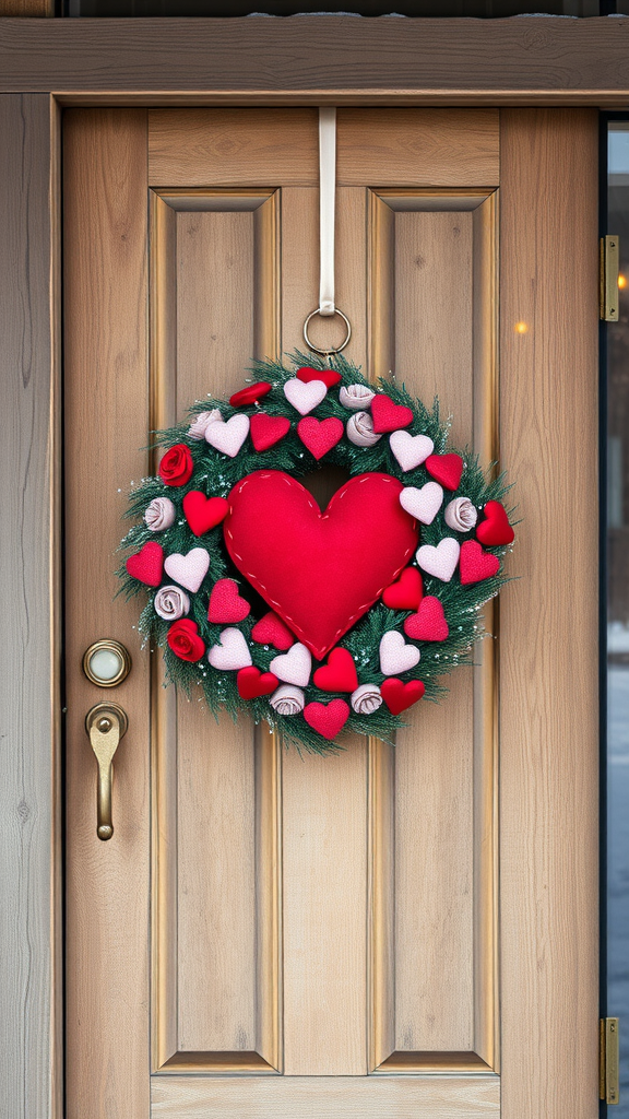 A heart-themed wreath with various heart shapes and flowers, hung on a wooden front door.