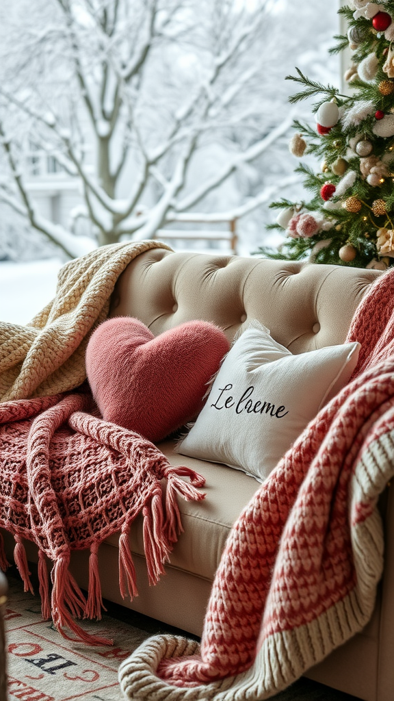 A cozy couch decorated with plush throws and pillows, set against a snowy background.