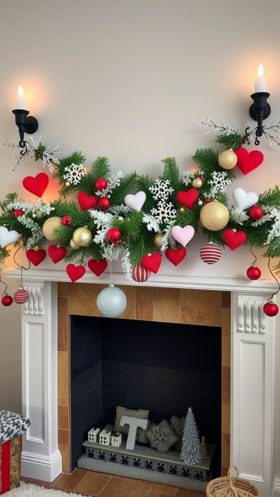 A festive garland with hearts and ornaments, decorated for winter and Valentine's Day.