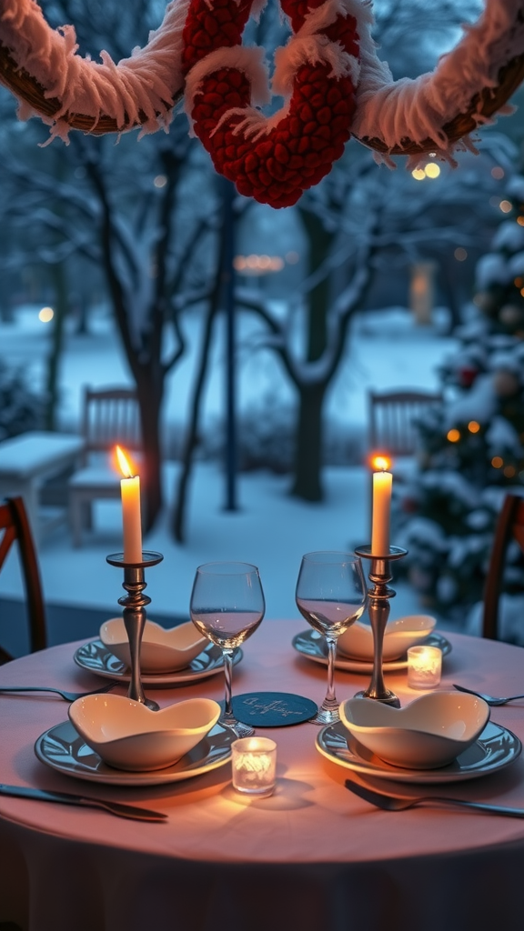 A romantic dinner table set for Valentine's Day, featuring candles, wine glasses, and a snowy backdrop.