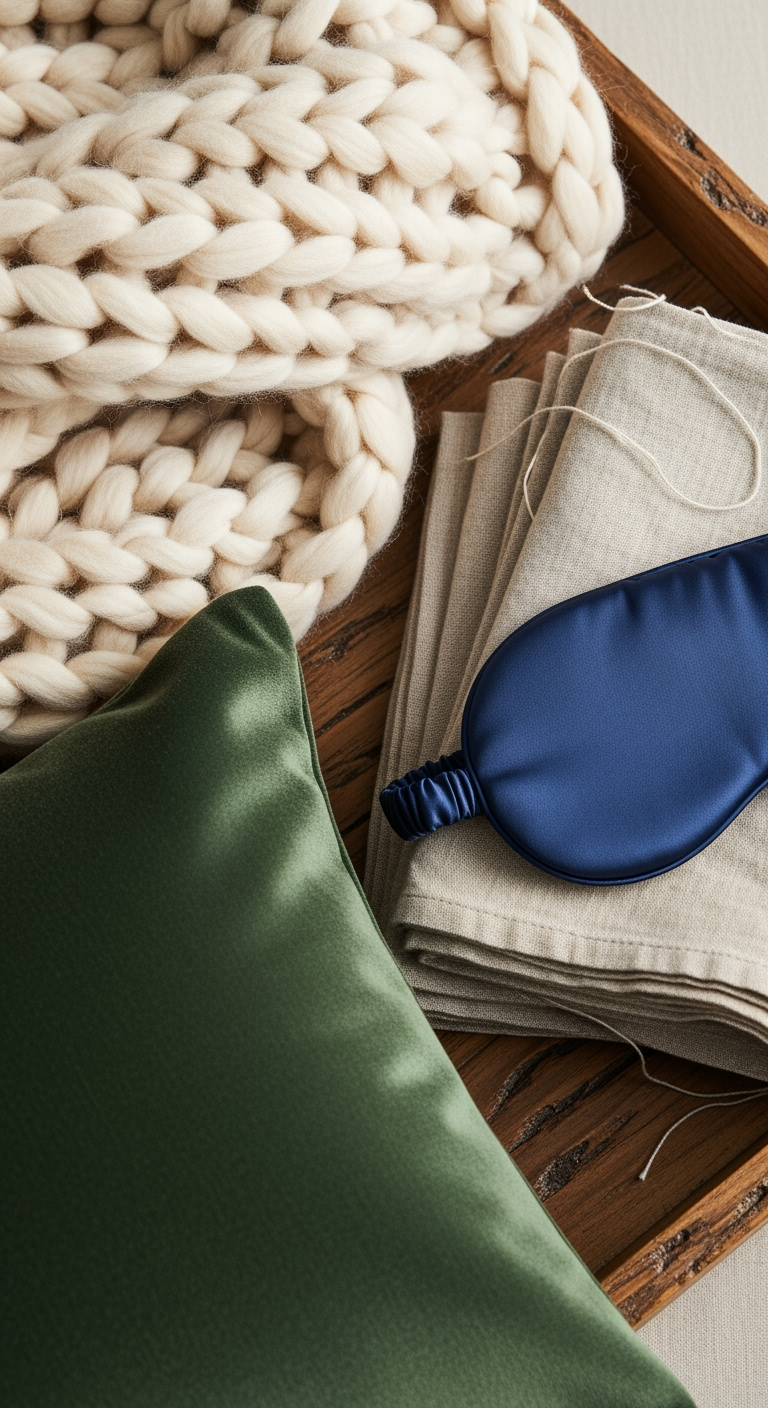 A close-up, flat-lay shot of various textiles