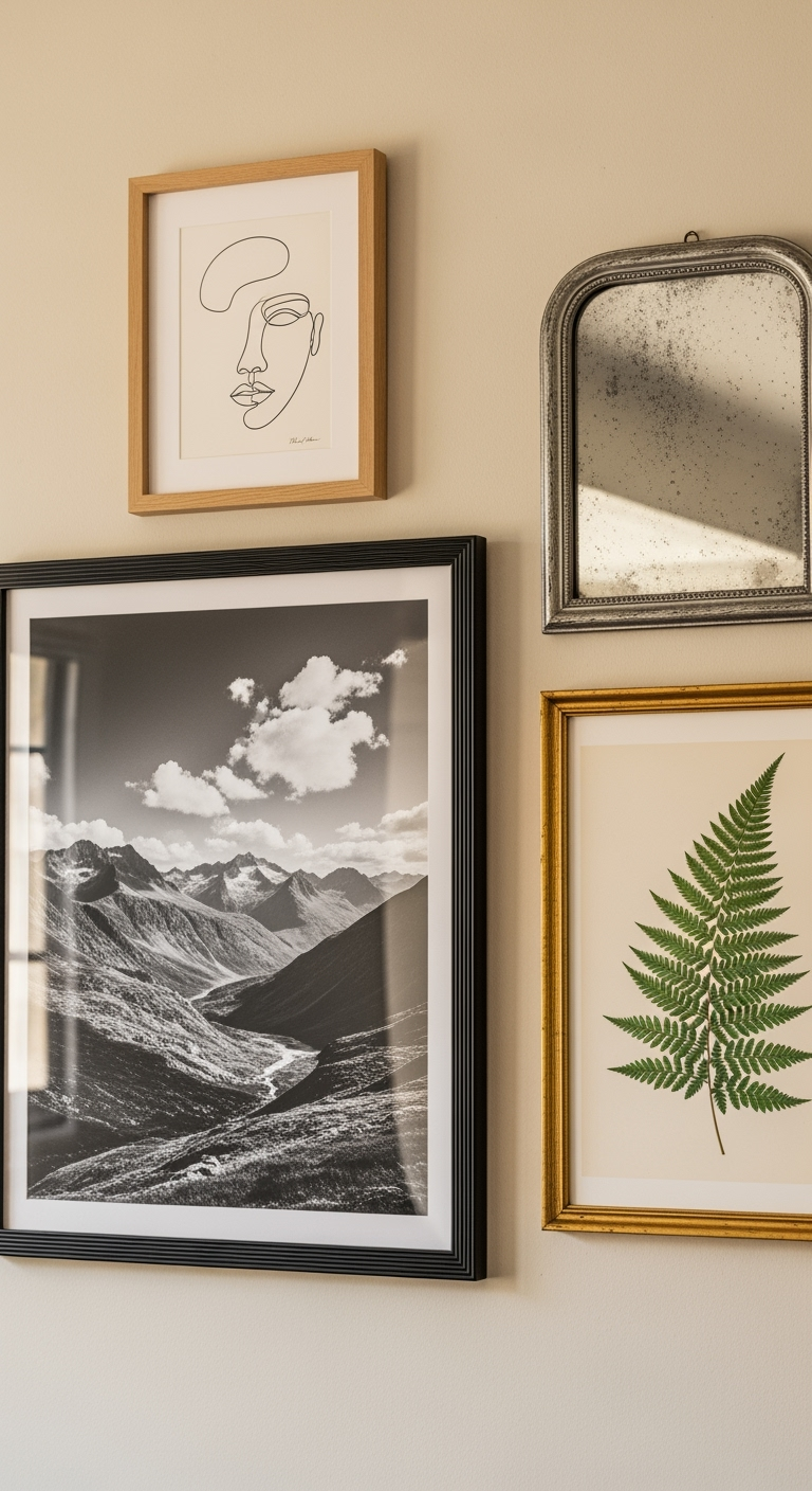 A close-up of an eclectic but cohesive gallery wall