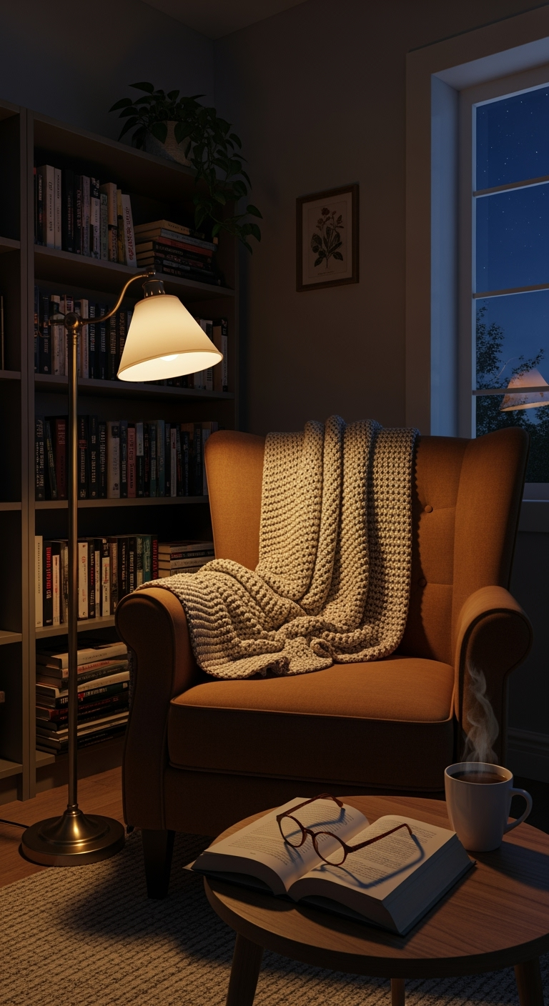 A final, wide shot of a cozy reading nook